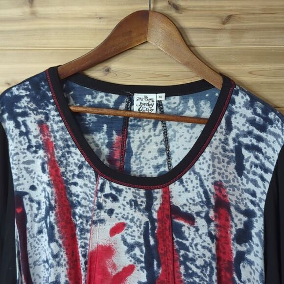 Parsley & Sage Top Womens XL Multicolor Art Blouse Black and Red Tunic - Picture 2 of 8